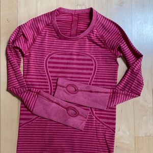Lululemon swiftly ls pink striped shirt.